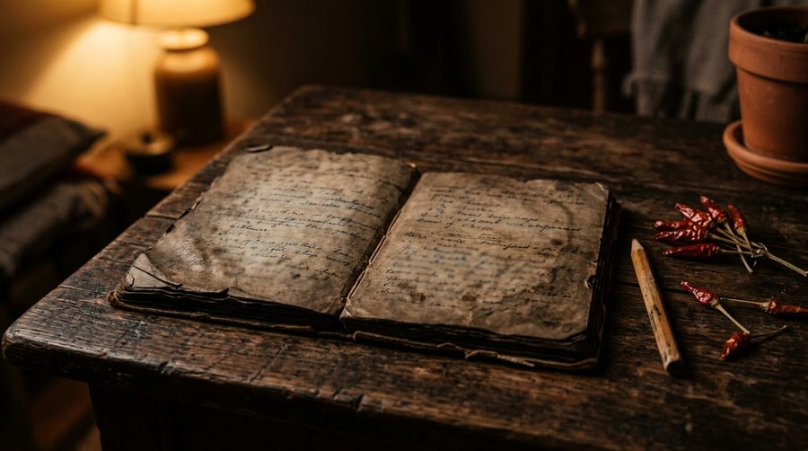 Buku catatan resep keluarga tua dengan halaman bernoda dan pensil di atas meja kayu gelap bercahaya lampu hangat