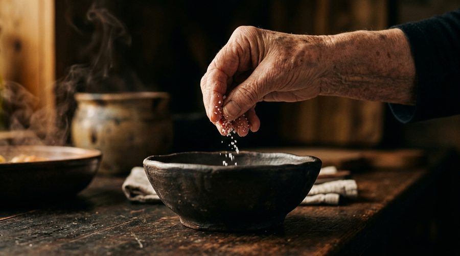 Tangan menusuk sejumput garam di atas mangkuk tanah gelap dengan cahaya dapur keemasan dan uap tipis